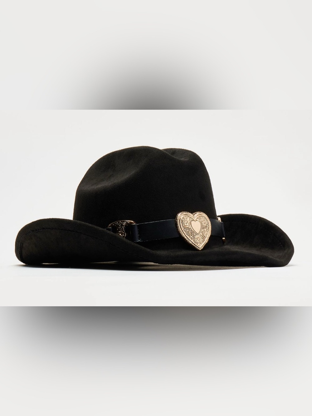 Black Felt Fedora Hat with Decorative Heart Buckle